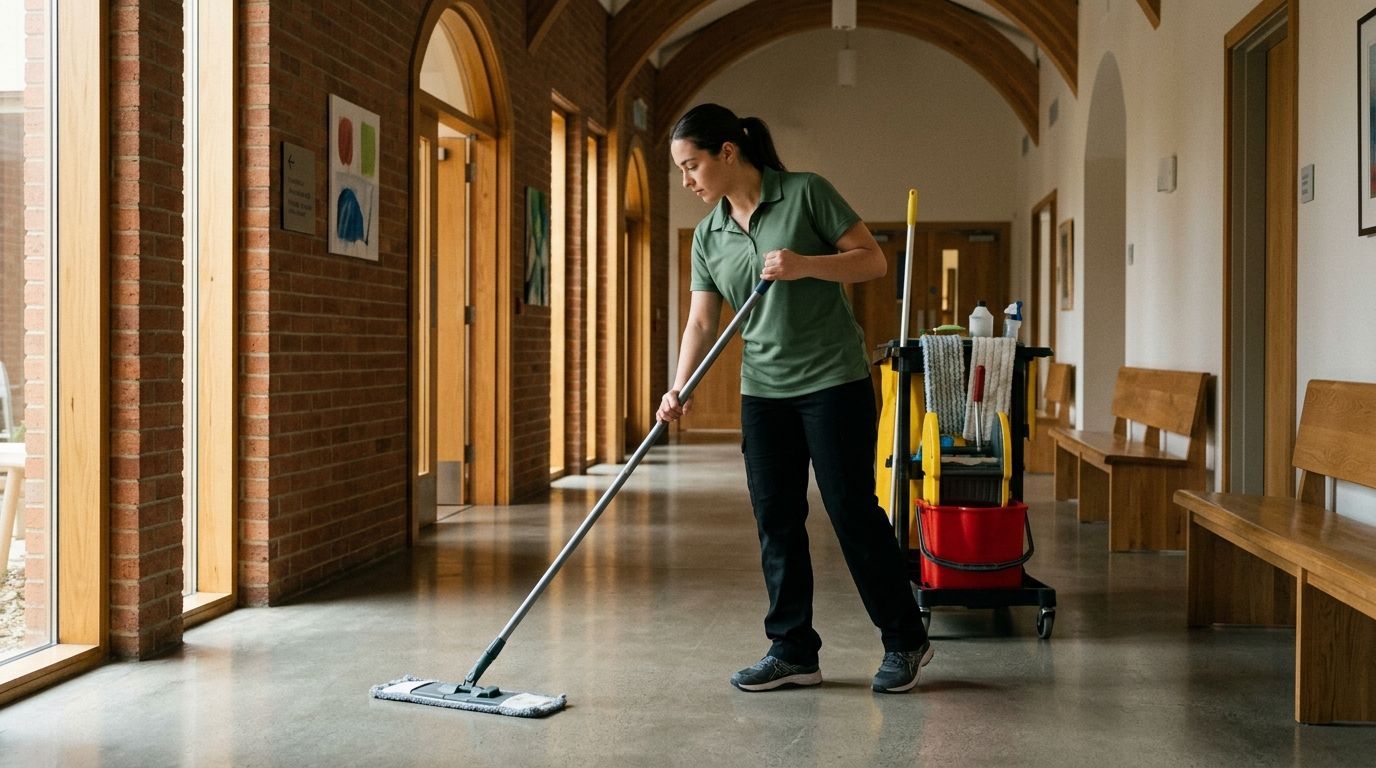 Cleaner mopping and cleaning church hallway floors and walkways Edina, MN