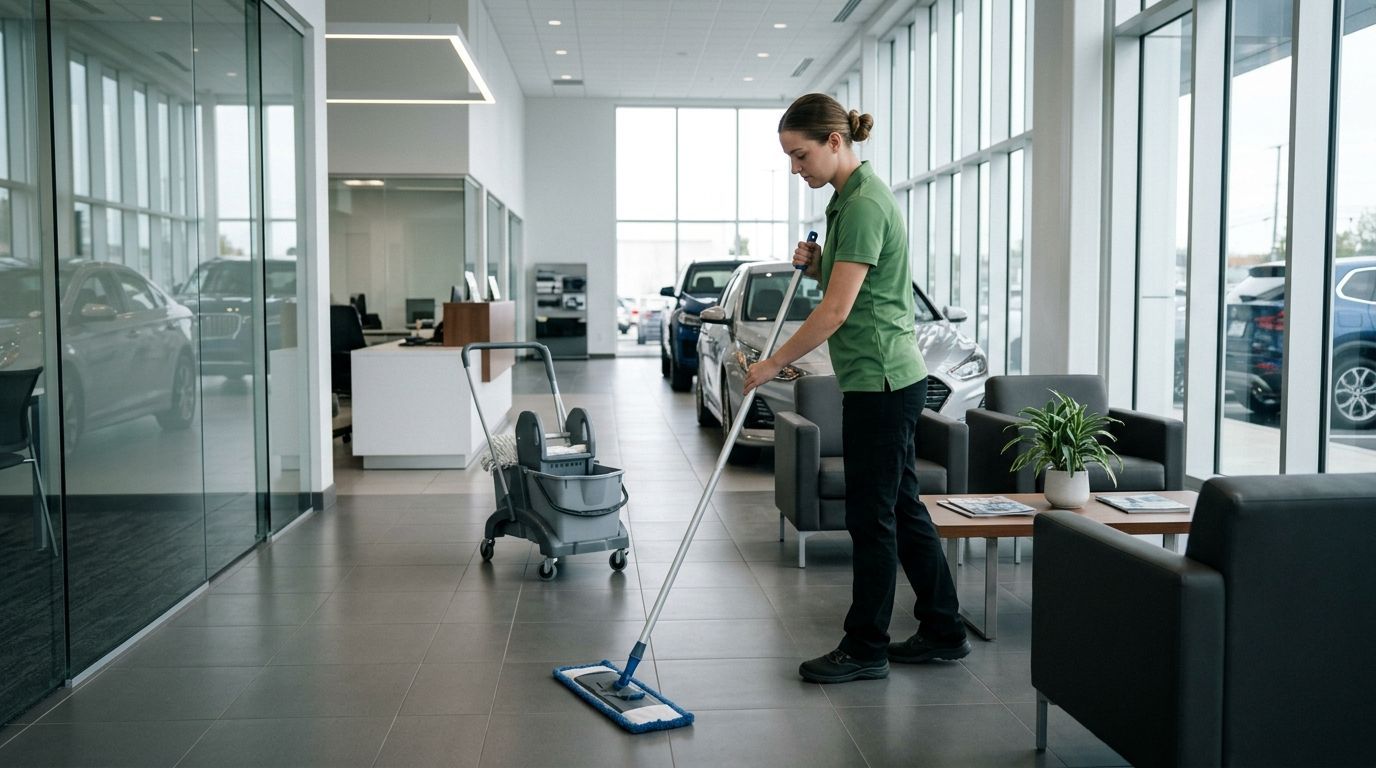 Cleaner mopping and cleaning dealership showroom floors around vehicle displays Edina, MN