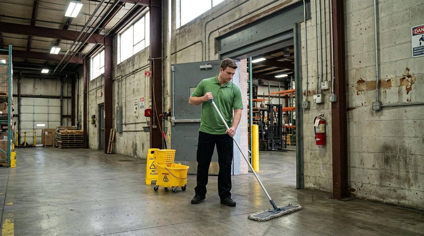 Cleaner mopping and cleaning industrial warehouse floors near loading area Edina, MN