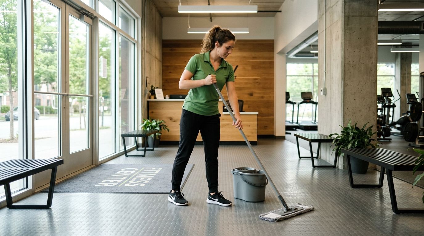 Cleaner mopping and disinfecting gym entry floors and high traffic areas Edina, MN