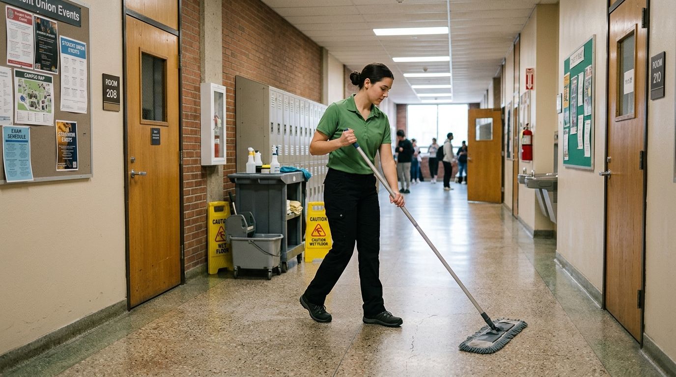 Cleaner mopping and disinfecting school hallway floors near lockers Edina, MN