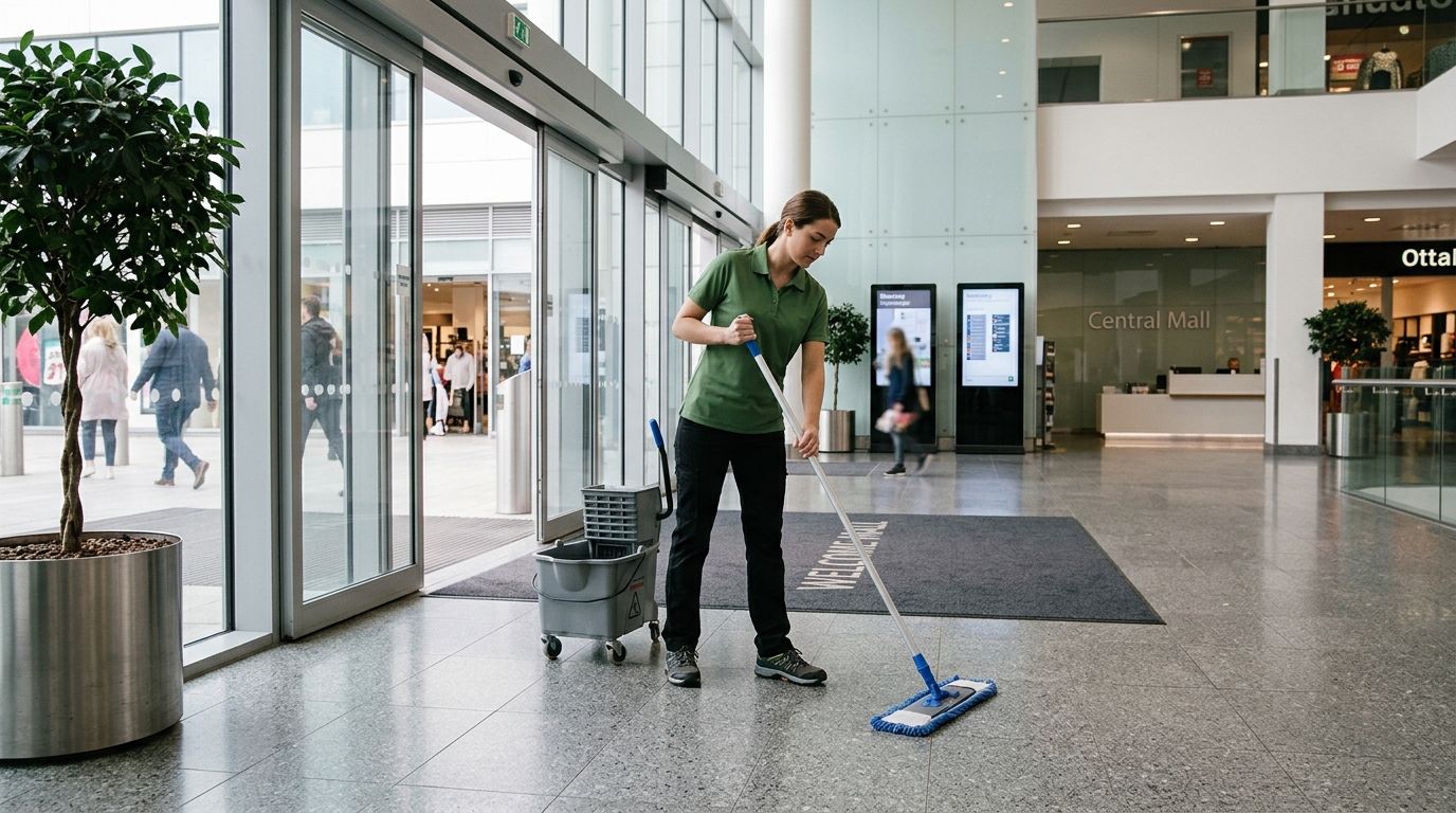 Cleaner mopping and disinfecting shopping mall entrance floors and high traffic areas Edina, MN