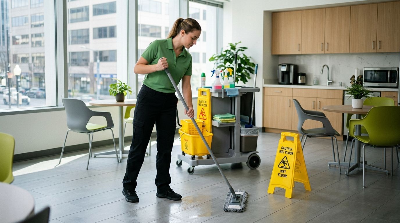 Cleaner mopping and sanitizing office breakroom floors and high traffic areas Edina, MN
