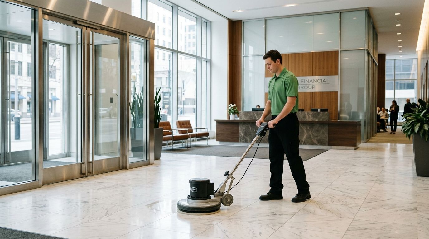 Cleaner operating floor buffer to polish lobby tile floors and entrance area Edina, MN