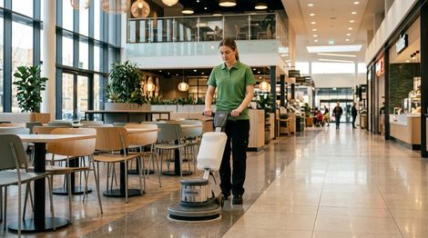 Cleaner operating floor scrubber to deep clean shopping mall tile floors Edina, MN
