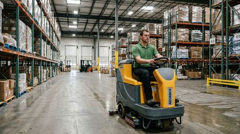 Cleaner operating ride on floor scrubber to clean warehouse concrete floors Edina, MN
