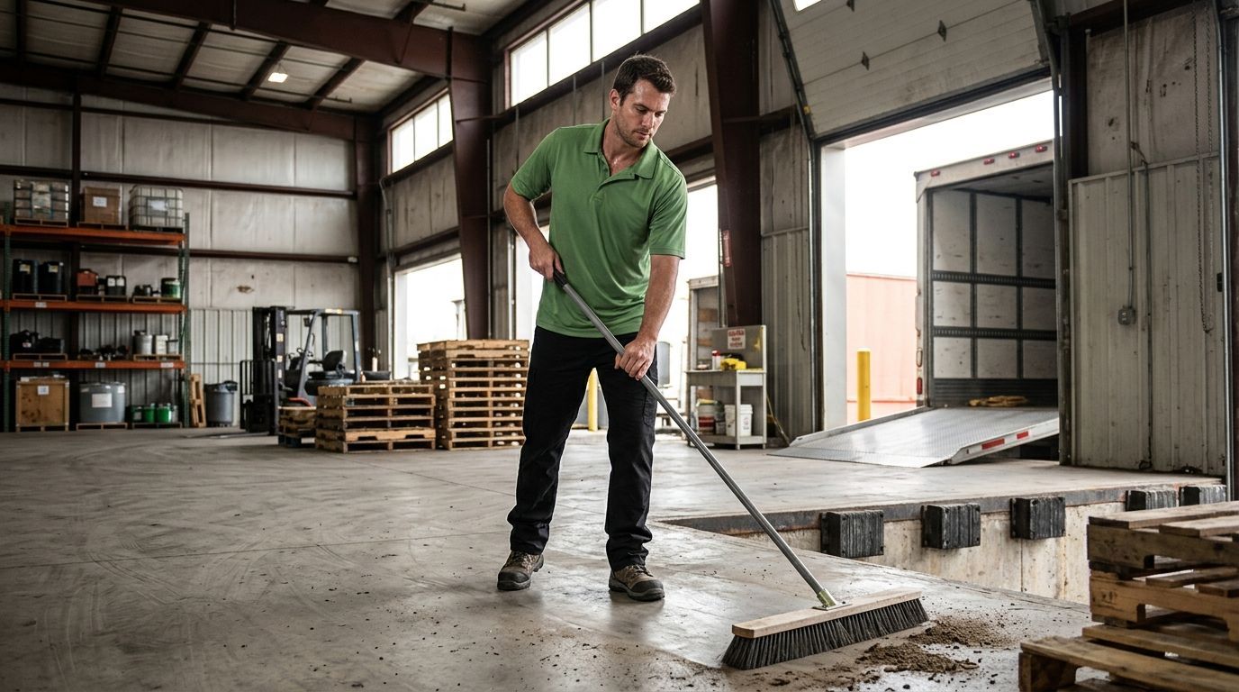Cleaner sweeping debris from loading dock and warehouse entry area Edina, MN