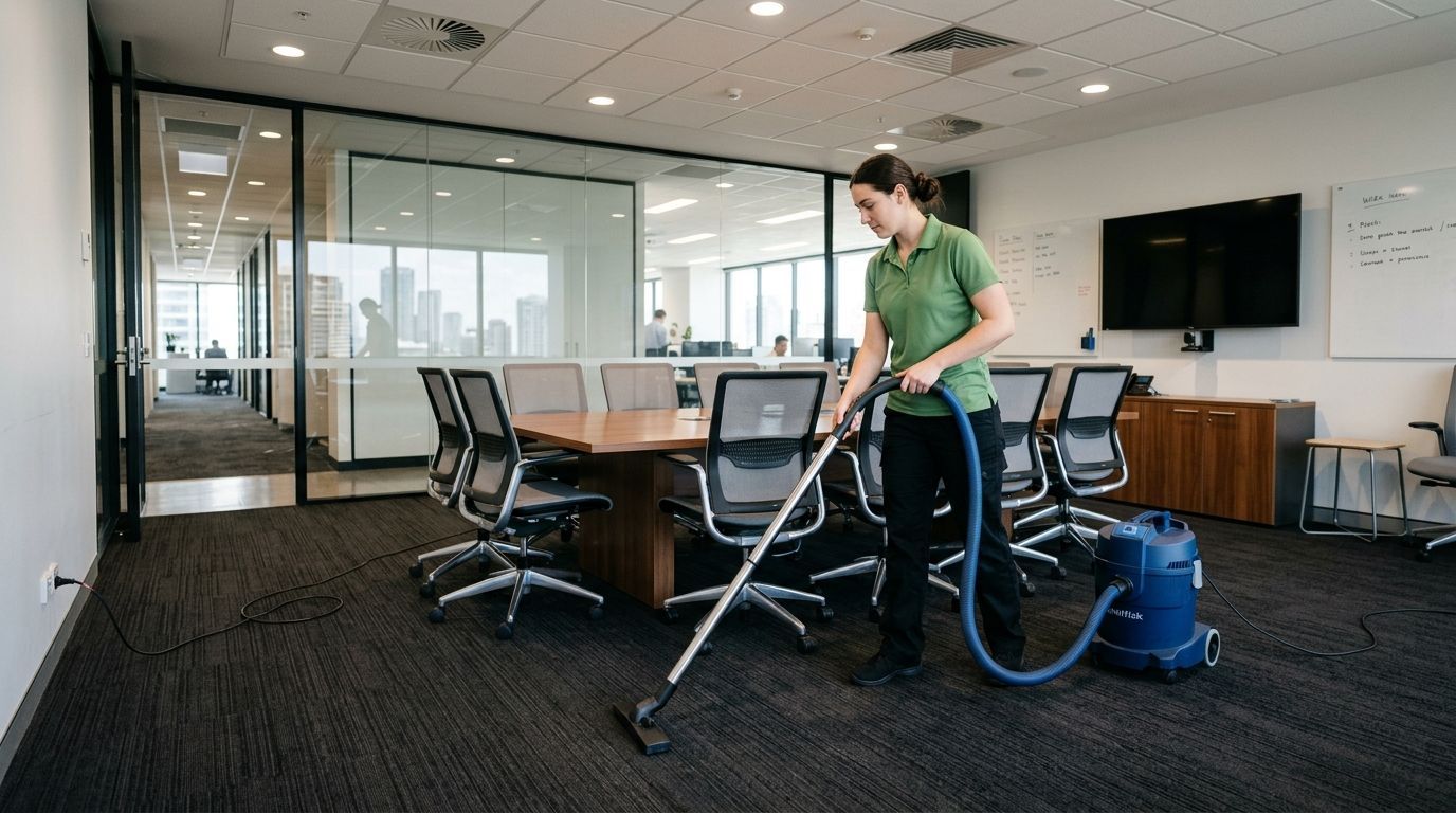 Cleaner vacuuming office conference room carpet and removing debris Edina, MN