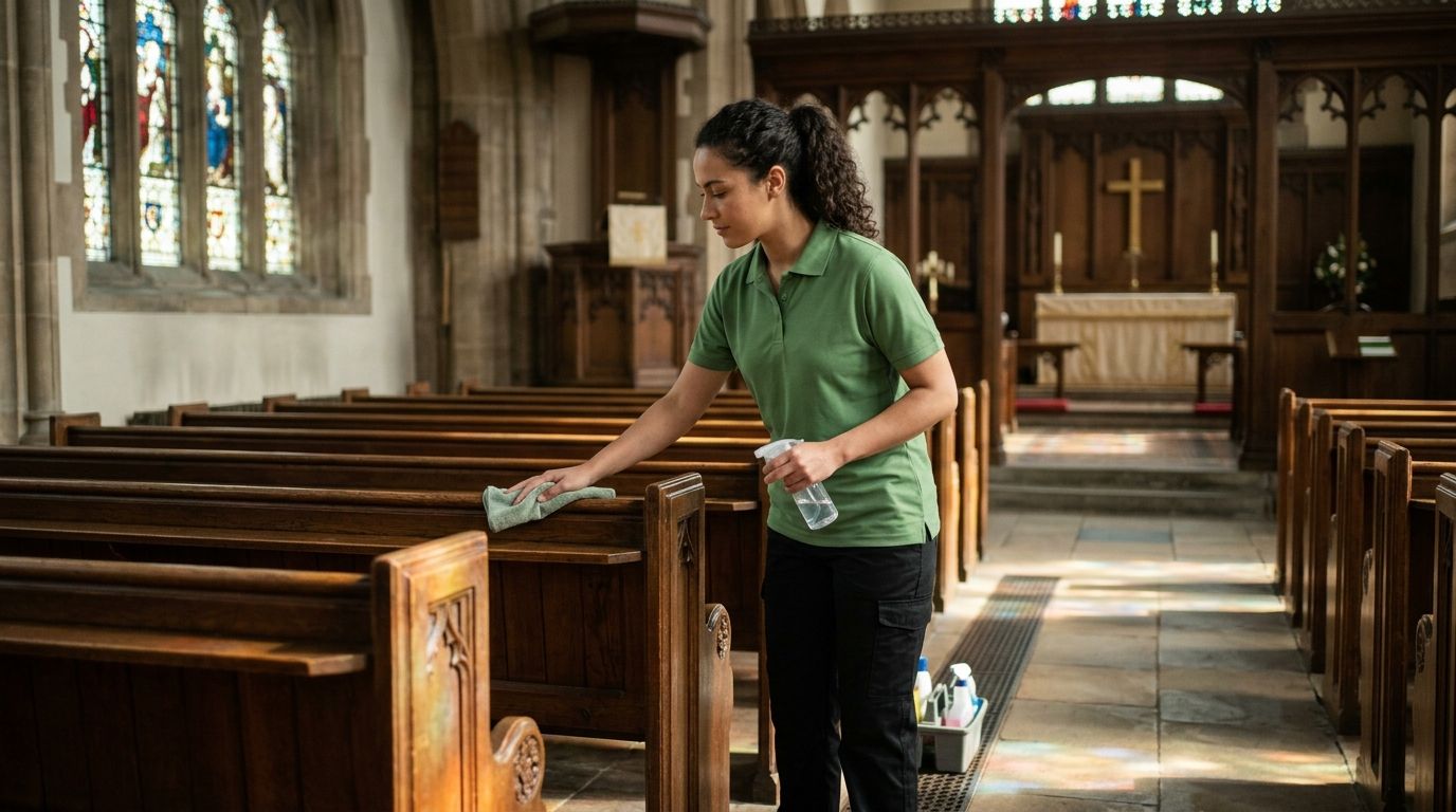Cleaner wiping and disinfecting church pews and seating surfaces Edina, MN