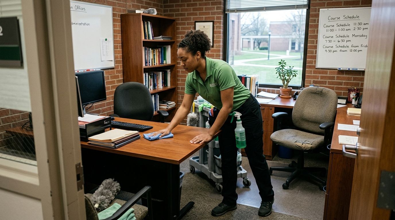Cleaner wiping and disinfecting office desk and workspace surfaces Edina, MN