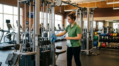 Worker disinfecting rowing machine equipment in fitness center, Edina, MN