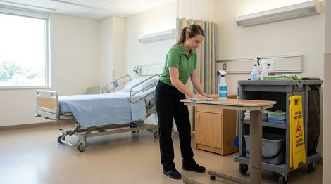 Cleaner wiping and sanitizing patient room table and medical surfaces Edina, MN