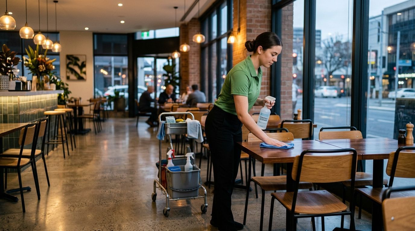 Cleaner wiping and sanitizing restaurant dining tables between guests Edina, MN