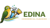 Commercial cleaning logo with bird mascot, holding spray bottle and brush, Edina, MN
