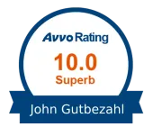 A blue and white badge that says avvo rating 10.0 superb john gutbezahl.