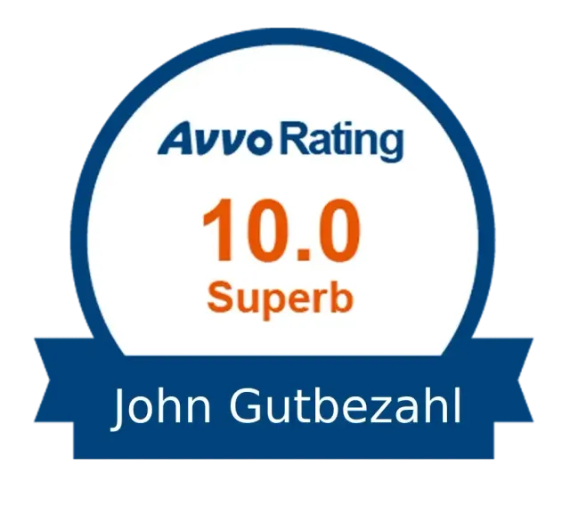 A blue and white badge that says avvo rating 10.0 superb john gutbezahl.