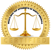 A gold seal that says who 's who top attorneys of north america certified.