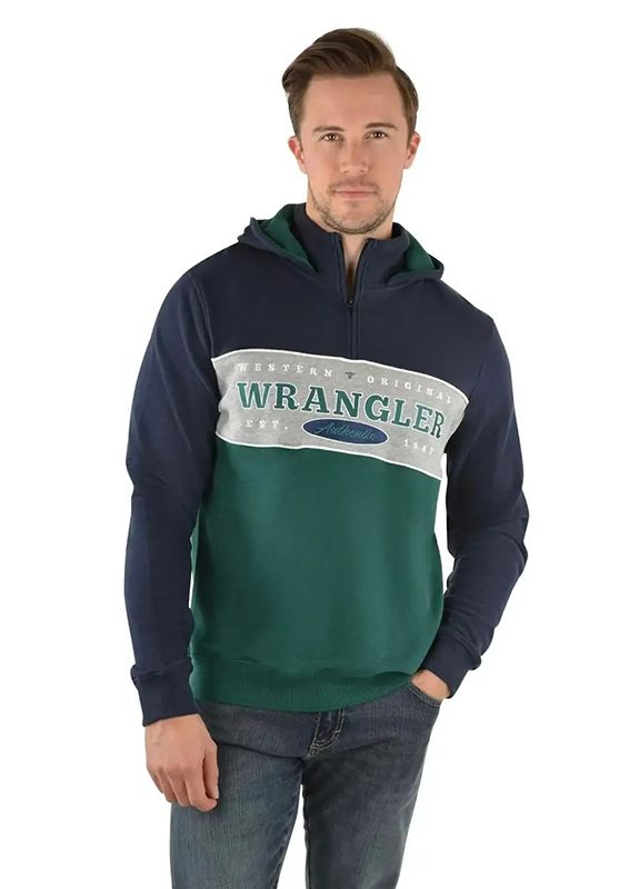 A Man Wearing a Green and Blue Wrangler Hoodie — Country Charm in Charmhaven, NSW