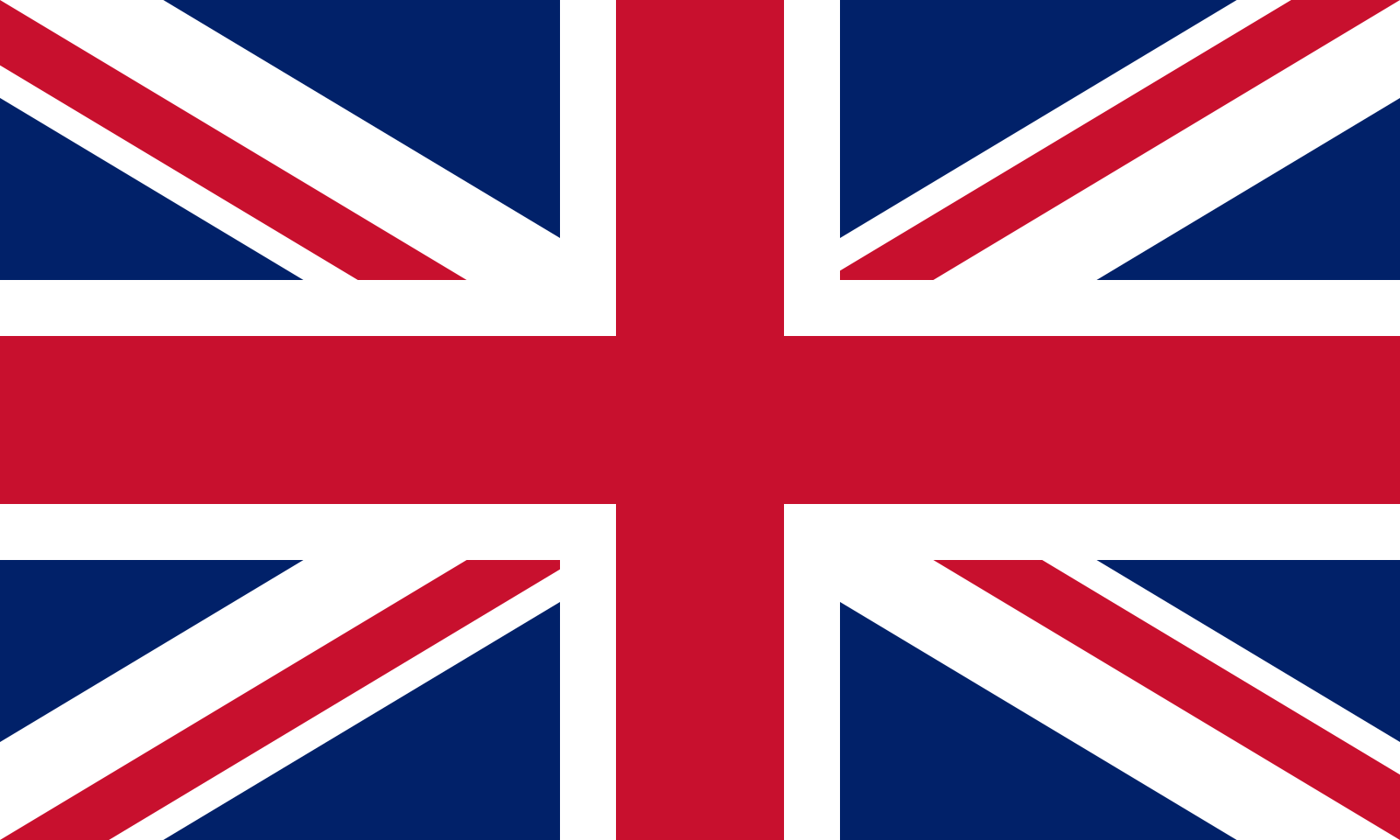 Union Jack Flagge: Blauer Hintergrund mit sich kreuzenden roten und weißen Kreuzen.