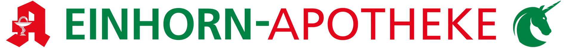 Logo der Einhorn-Apotheke. Rotes „A“-Symbol, grüner Text und ein grünes Einhorn.