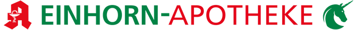 Logo der Einhorn-Apotheke. Rotes „A“-Symbol, grüner Text und ein grünes Einhorn.