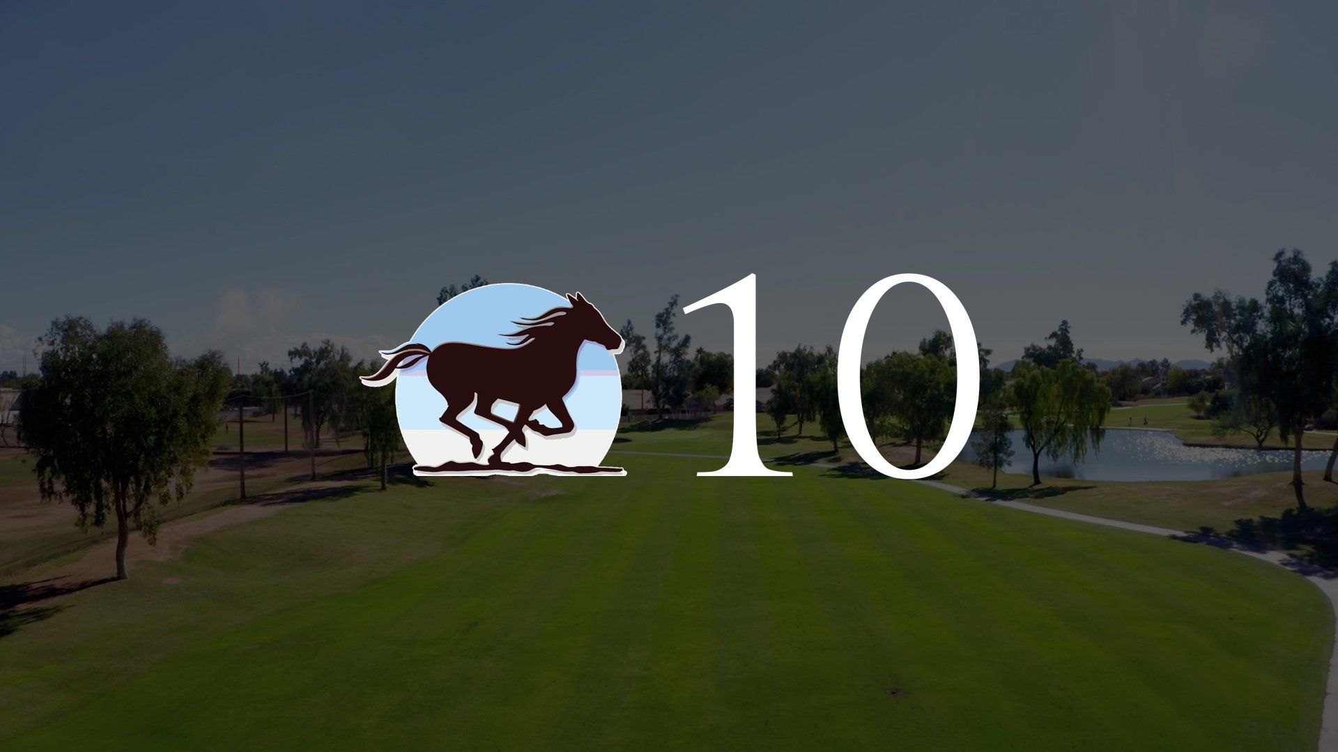 A picture of a horse and the number 10 on a golf course.