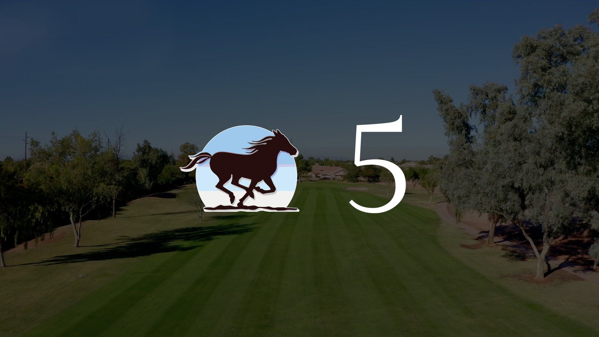 A picture of a horse and the number 5 on a golf course