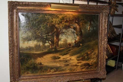 Oil painting of a landscape with two large trees arching over a path, figures seated beneath.