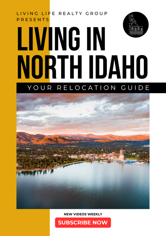 Guide titled "Living in North Idaho" over an aerial view of a city with a lake.