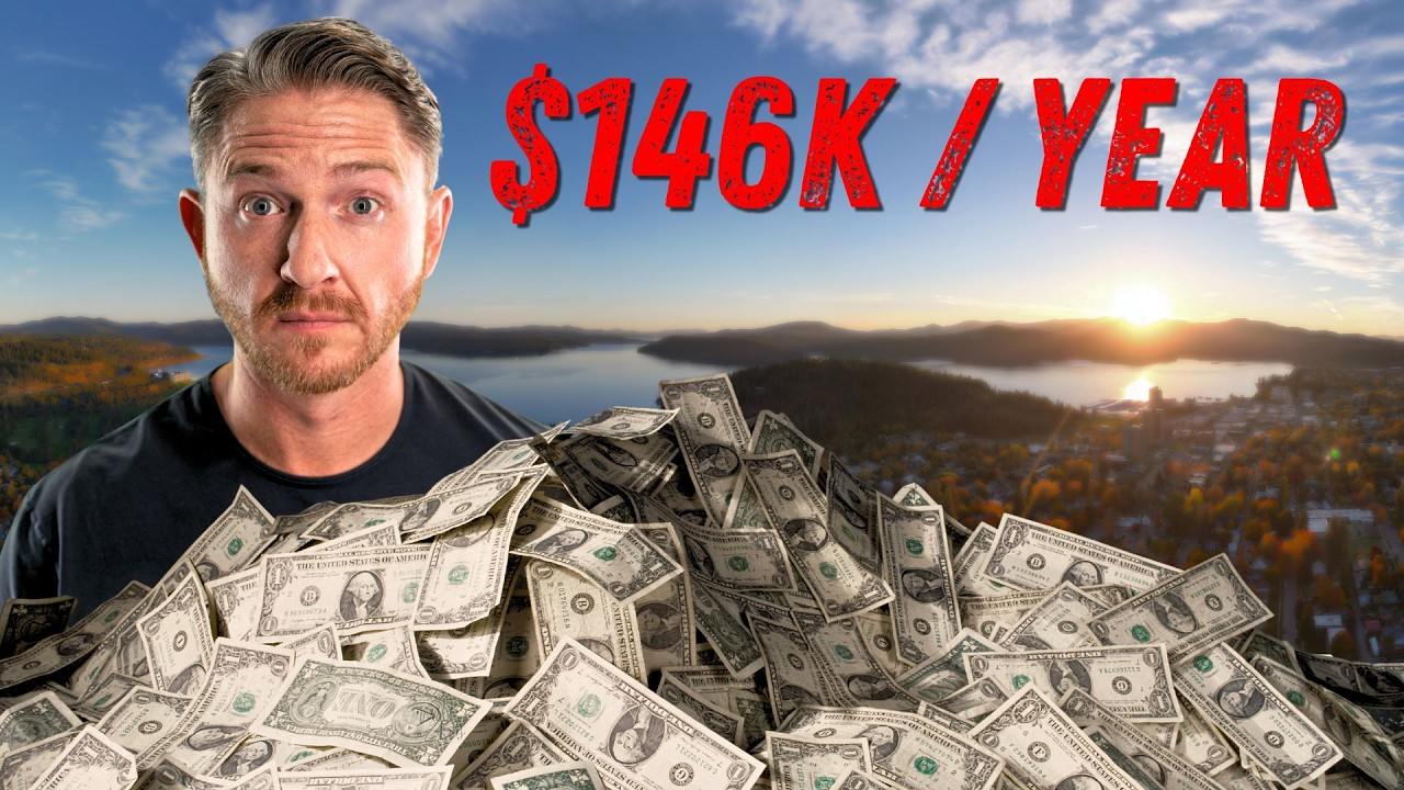 Man beside a pile of dollar bills with red text “$146K / YEAR” over a sunset cityscape