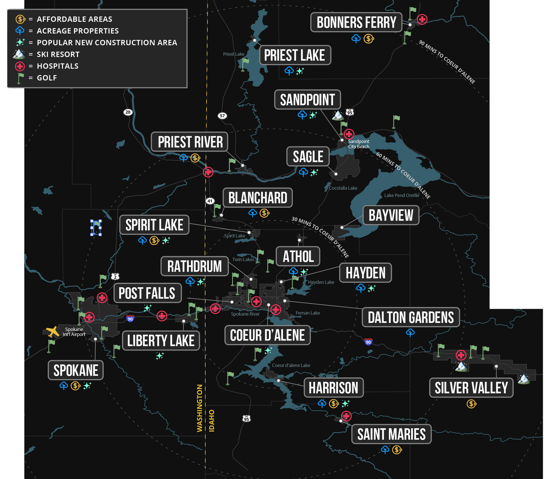 Map of northern Idaho and eastern Washington with labeled cities and highways.
