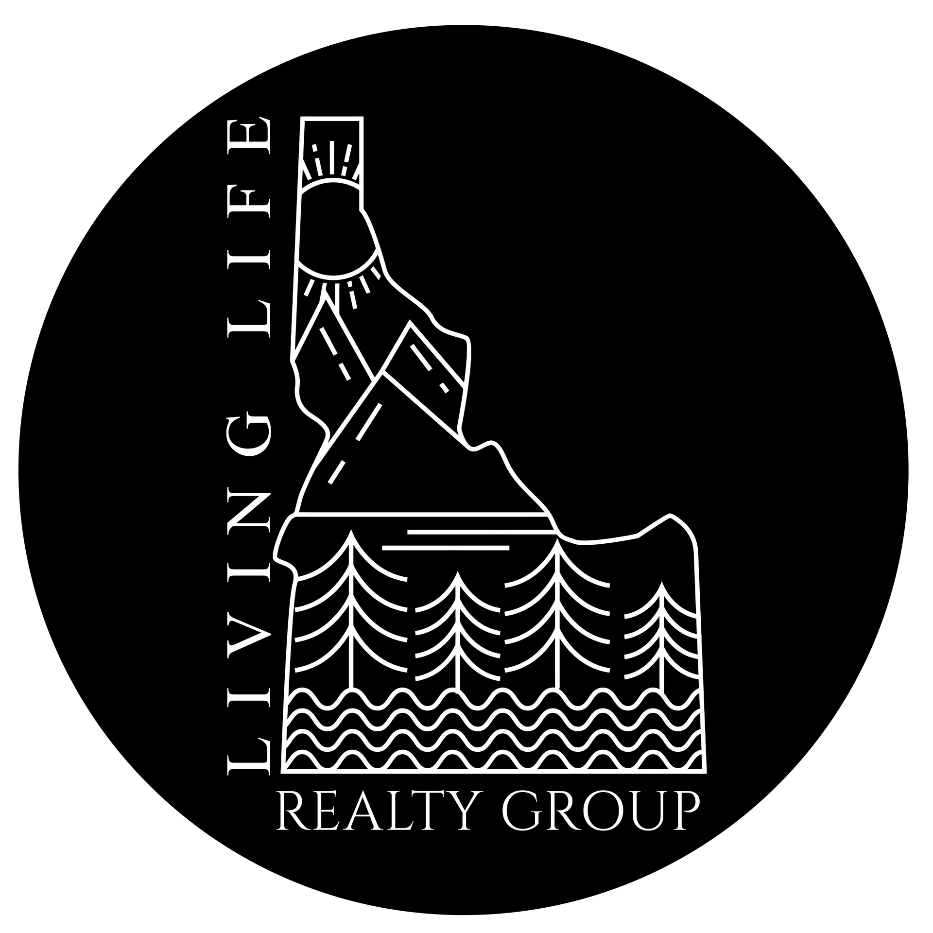 Black circle logo with Idaho outline, mountains, trees, sun, and text "Living Life Realty Group."
