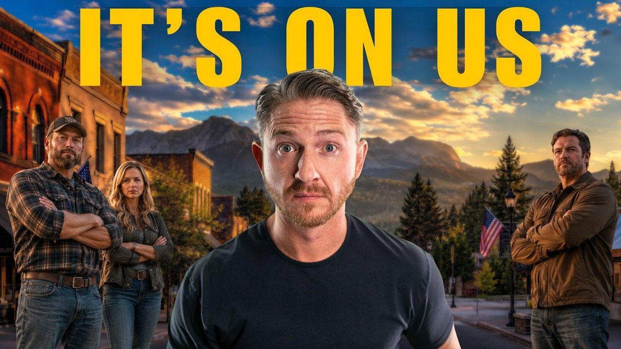 Bold “IT’S ON US” text over a man centered in front of a sunset mountain scene with four people behind him