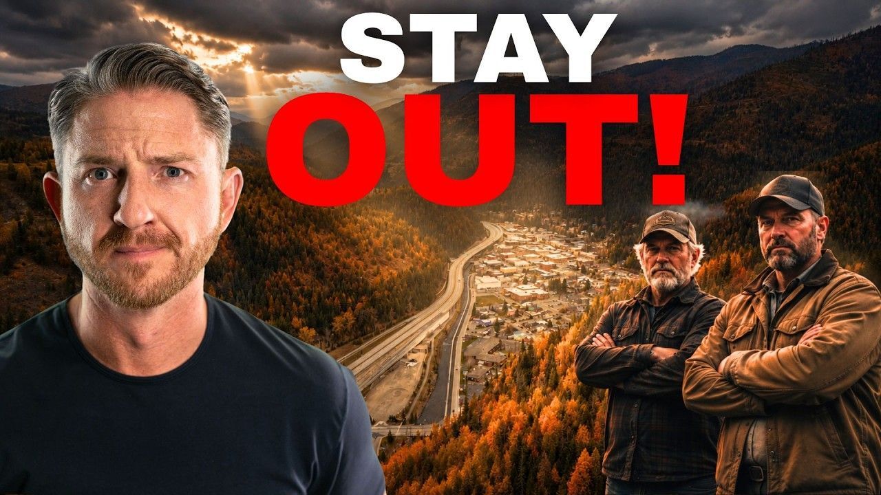 Mountain road scene with three men and bold text “STAY OUT!” over dramatic, smoky hills.