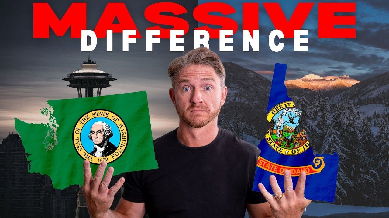 Man holding state outlines of Washington and Idaho, text: