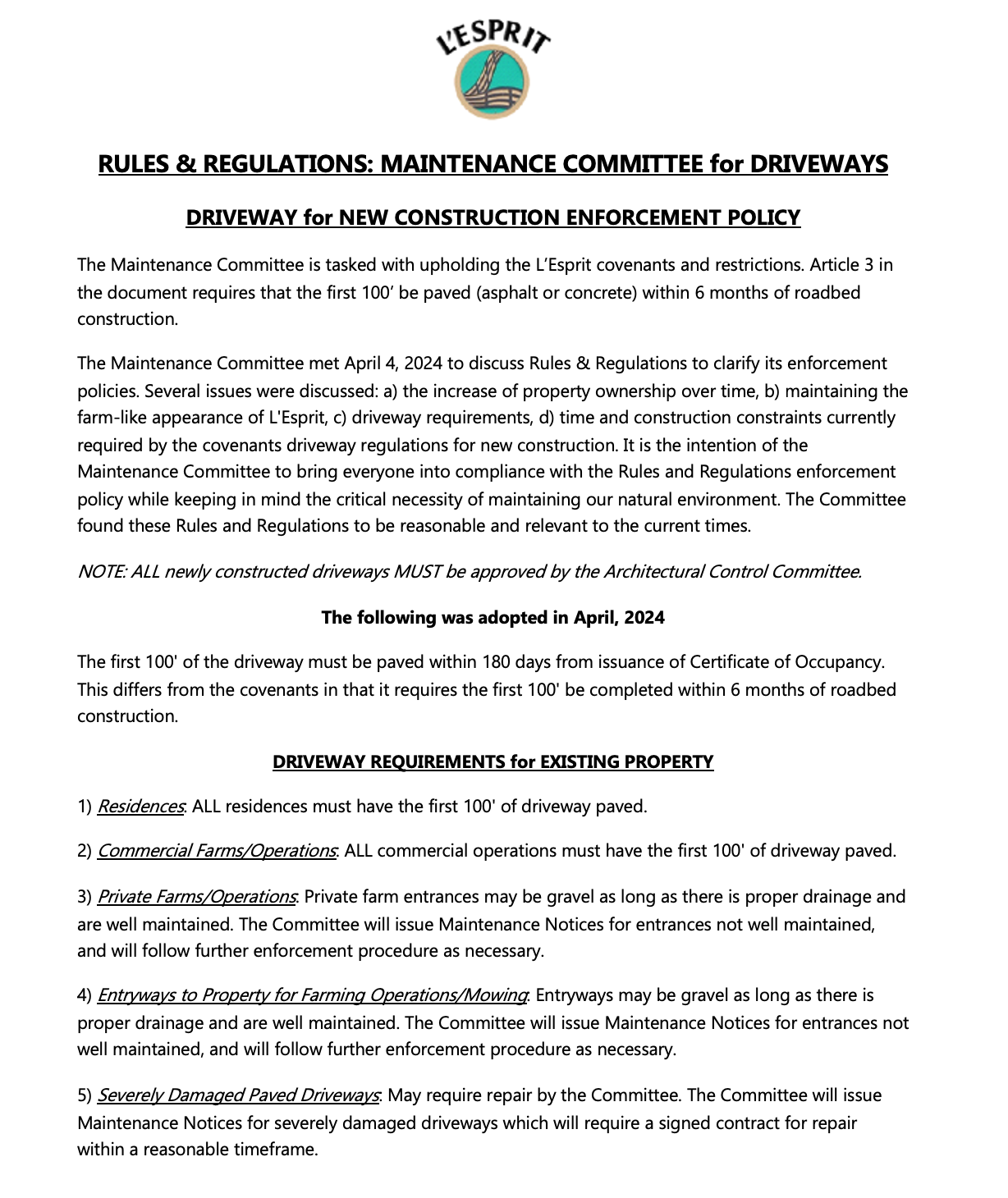 Rules and regulations for maintenance committee for driveways