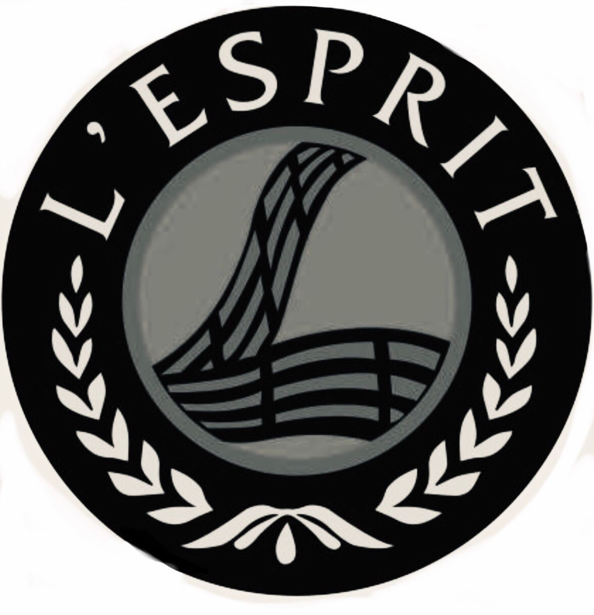 A black and white logo for l ' esprit with a laurel wreath around it.