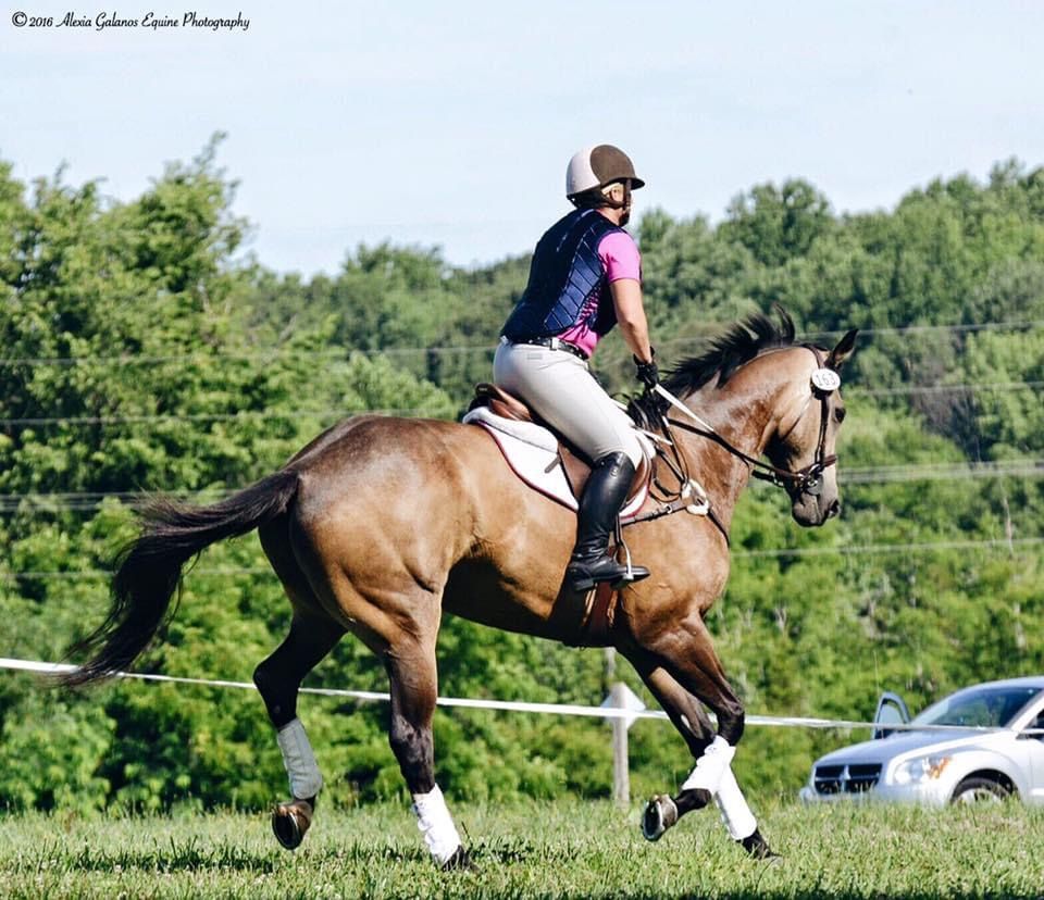 A woman is riding a brown horse in a field