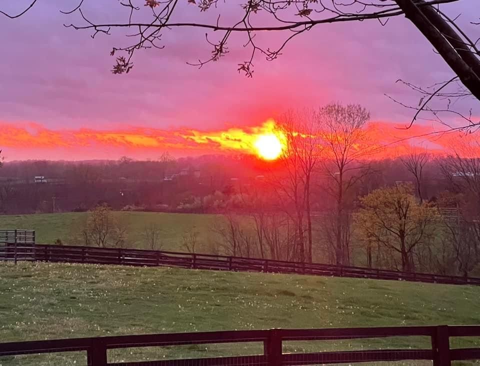 A sunset over a field with a fence in the foreground