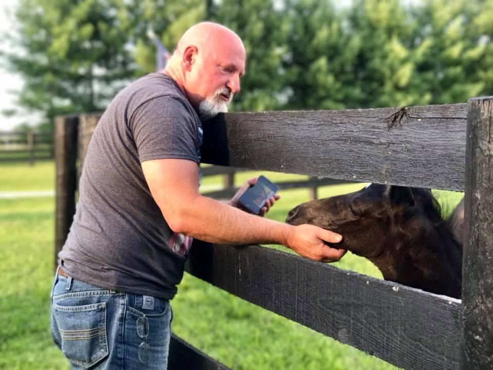 A man is petting a horse behind a fence while holding a cell phone.