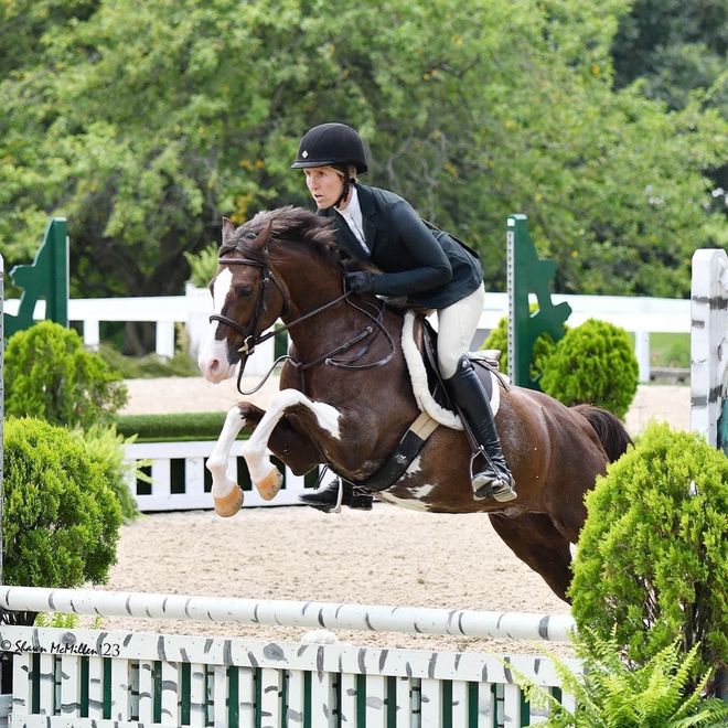 A woman is riding a brown horse over a jump.