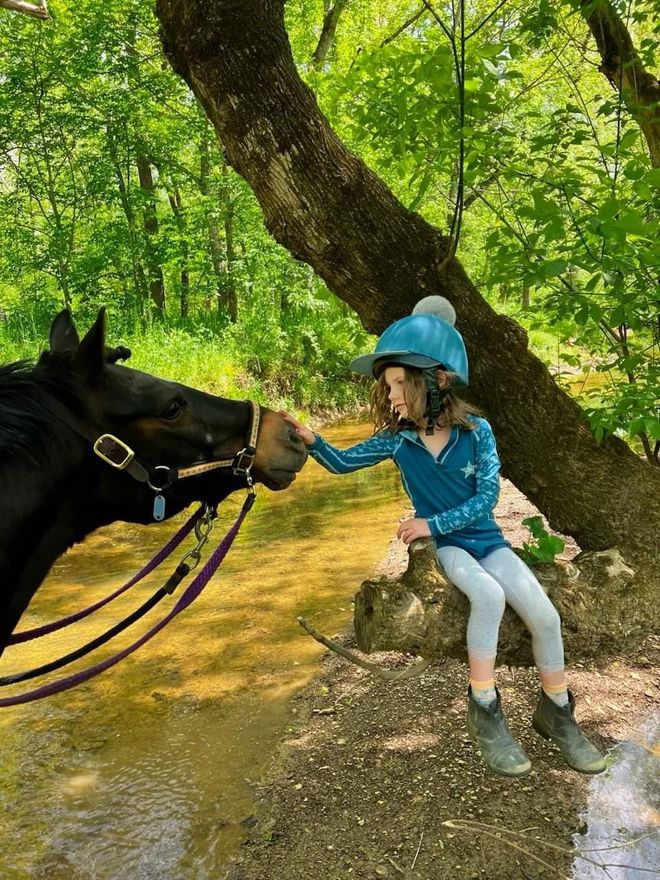 A little girl is petting a black horse in the woods