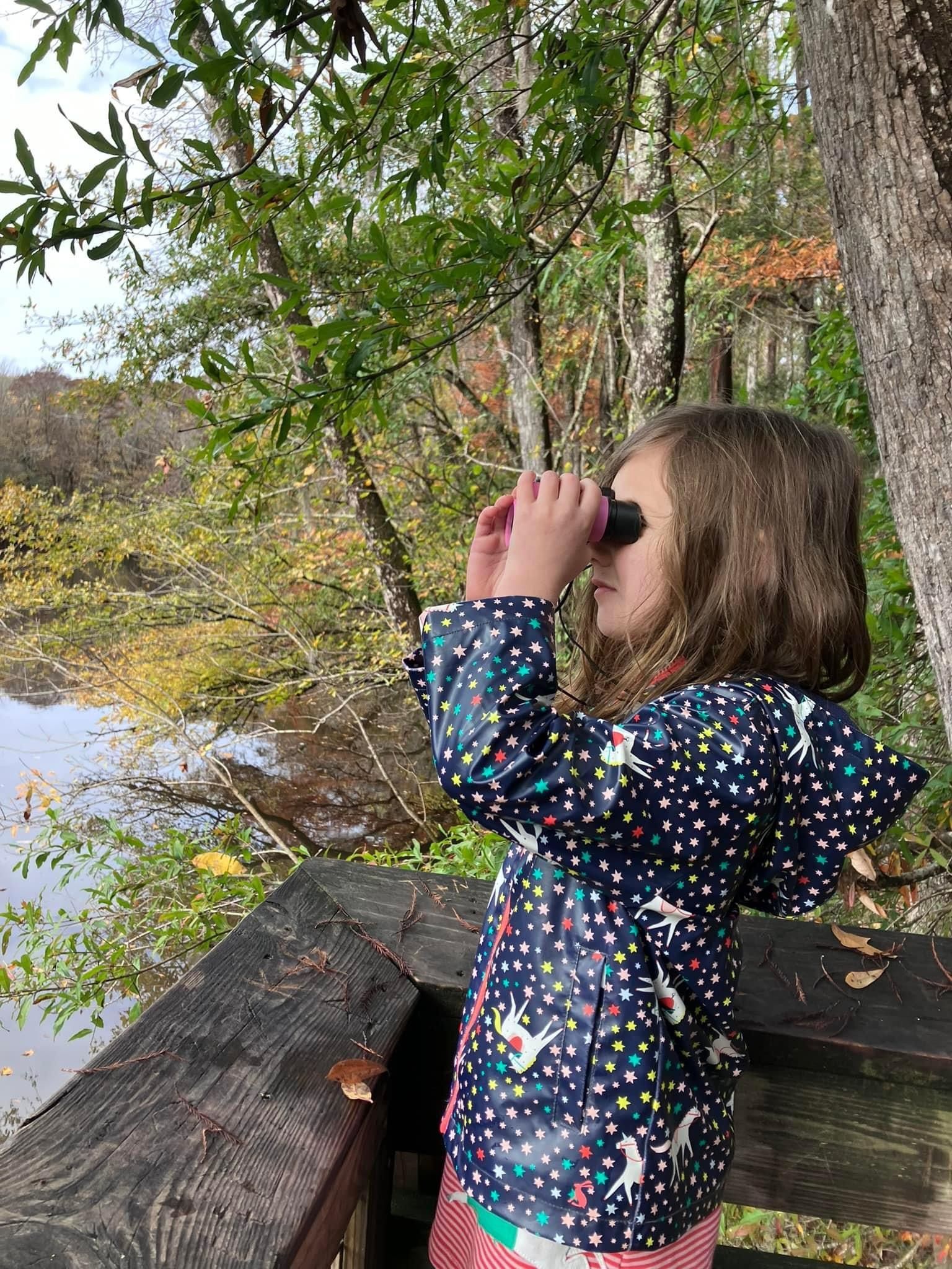 A little girl is looking through binoculars at a pond.