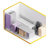Isometric view of a storage unit containing furniture, including a bed, desk, and armchair.