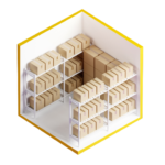 Isometric view of a storage unit filled with boxes on shelves, against yellow walls.