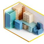 Isometric view of a storage unit filled with furniture: a desk, drawers, and a chair.