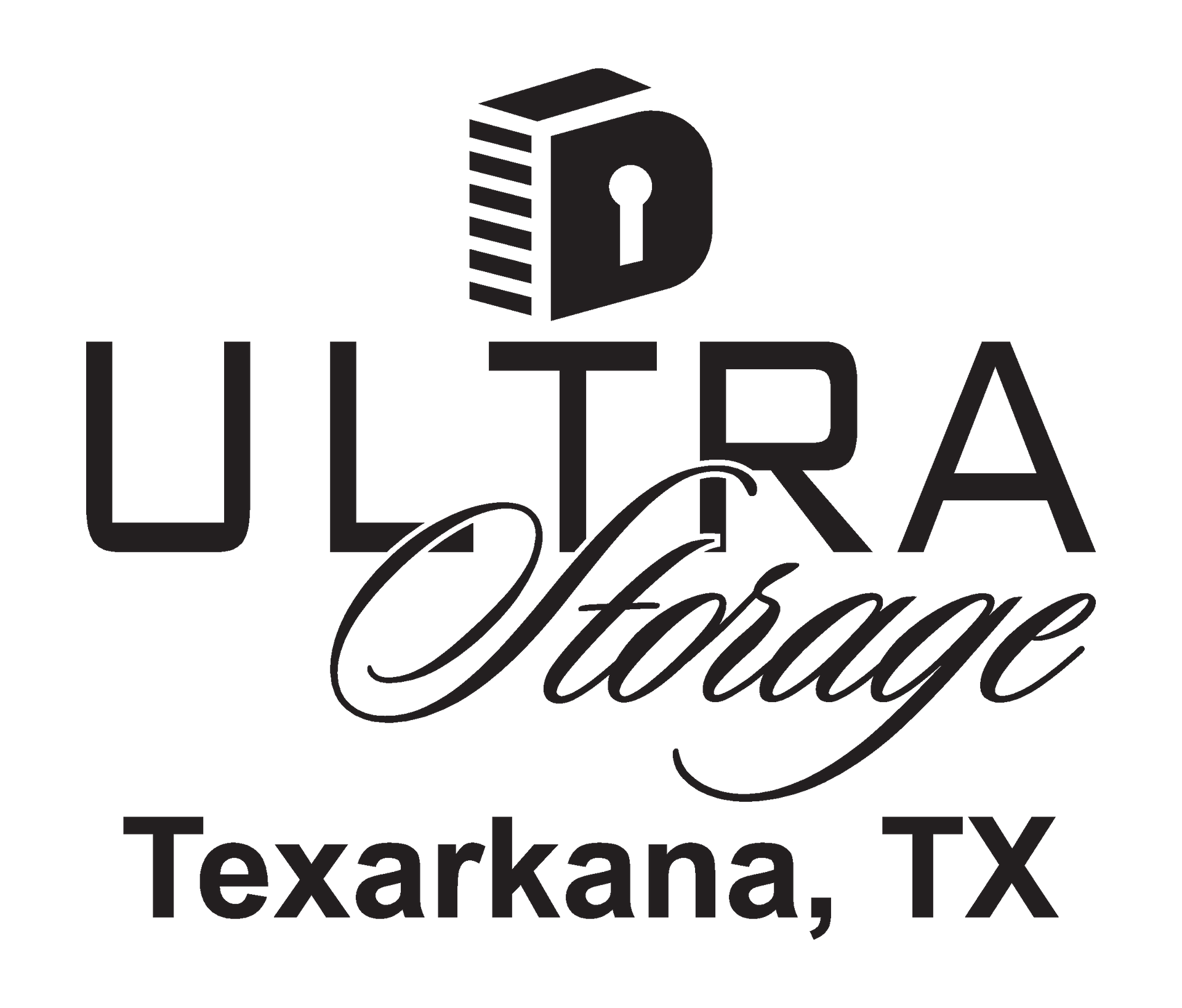 Logo for Ultra Storage in Texarkana, TX, featuring a stylized lock, the text "ULTRA" and "Storage" in script font.