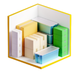Storage unit with boxes, bins, and various colored items.