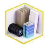 Storage unit with boxes, tires, a mattress, and bins, inside a yellow hexagonal outline.