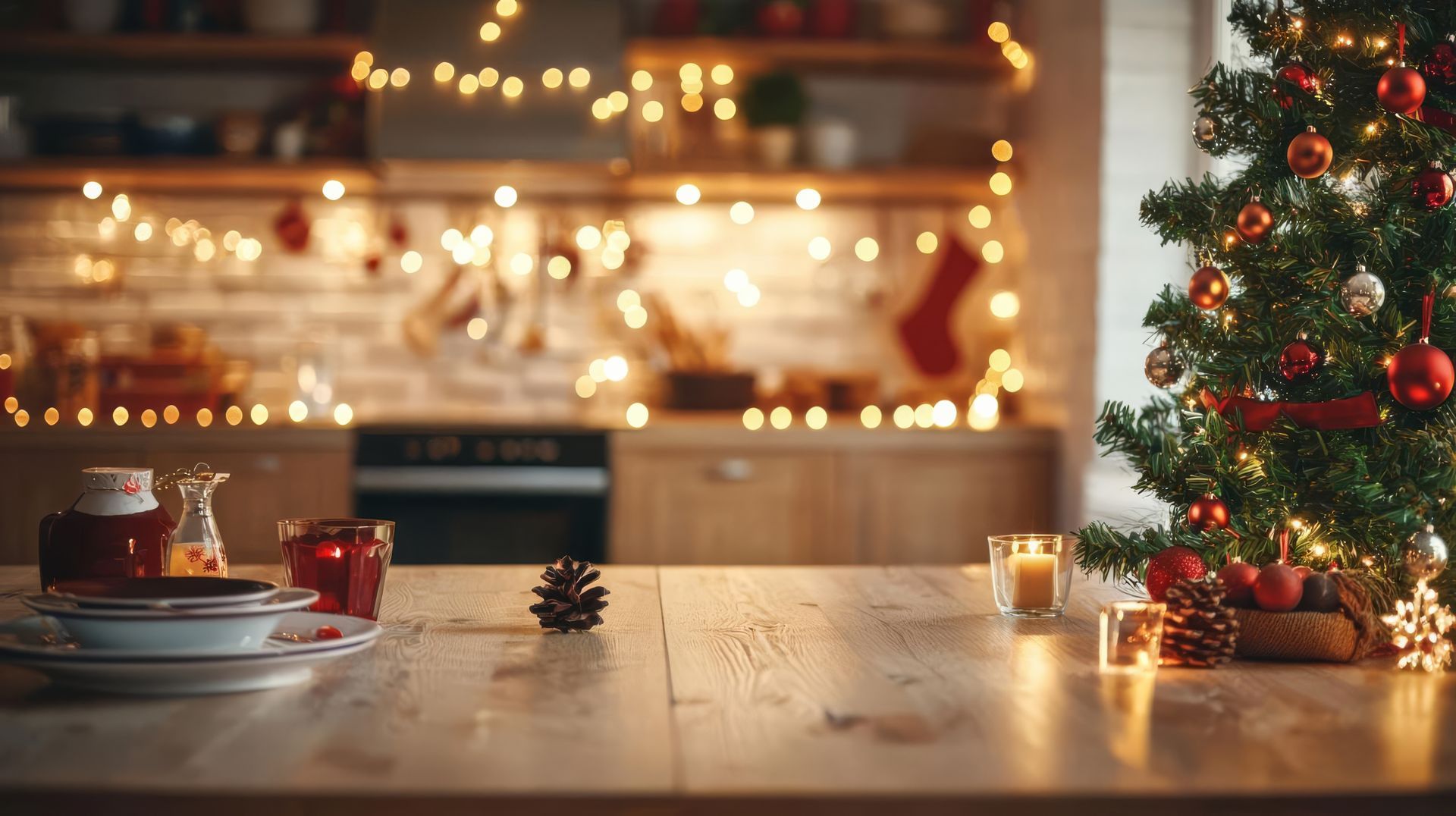 Christmas kitchen scene with decorated tree, lit garlands, and set table.